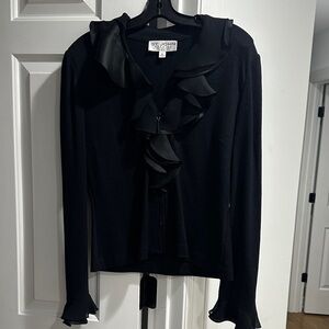 St. John Black Ruffle-Front Long Sleeve Top
